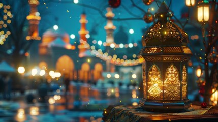 Fototapeta premium A traditional, ornate oriental lantern with beautiful festive lights and a mosque in the background - a holiday card.