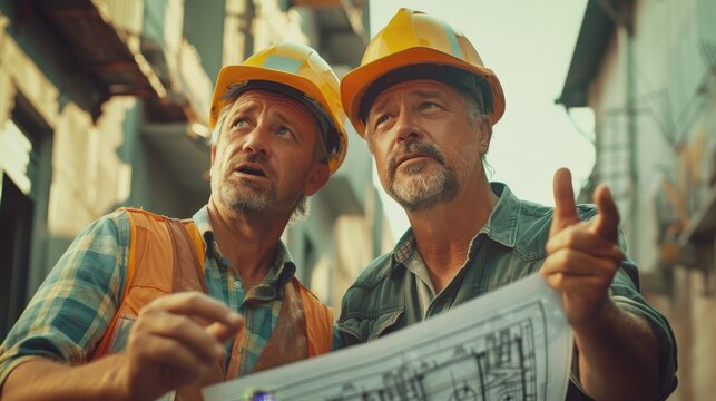 Two individuals, clad in safety helmets and reflective vests, engage in a focused discussion over blueprints amidst an urban construction backdrop.