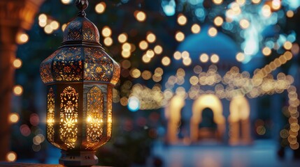 A traditional, ornate oriental lantern with beautiful festive lights and a mosque in the background - a holiday card.