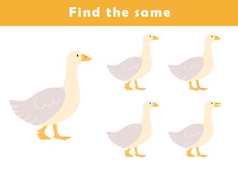Find same picture worksheet for kids. Worksheet for kids kindergarten, preschool and school age. Education game for children with cute goose illustration.