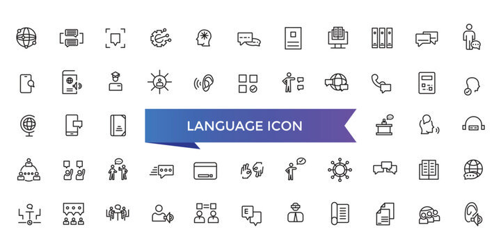 Language icon collection. Related to communication, translate, speech, non-verbal, writing, speaking, dictionary, text, language skills and vocabulary icons .