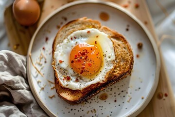 Close-up of a fried egg on toast, seasoned with pepper and spices.