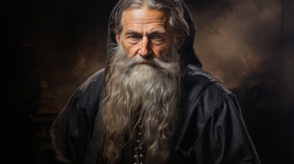 An elderly wizard with long hair and a beard poses in a fantasy-style, mystical setting