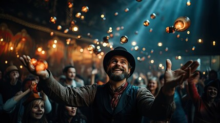 An exuberant man spreads his arms wide in celebration amidst an ecstatic crowd under festive lights