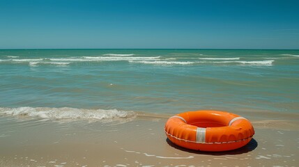 Obraz premium Orange lifebuoy floating in open sea. Symbol of safety, hope and rescue under wide sky