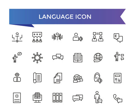 Language icon collection. Related to communication, translate, speech, non-verbal, writing, speaking, dictionary, text, language skills and vocabulary icons .