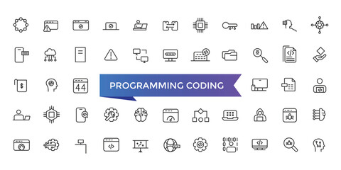 Programming coding icon collection. Software development icon collection. Programmer and developer symbol vector illustration set.