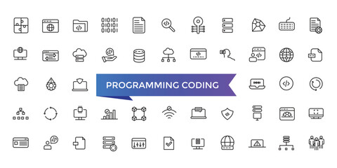 Programming coding icon collection. Software development icon collection. Programmer and developer symbol vector illustration set.