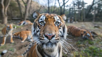 Fototapeta premium Tiger with one spot on her head takes selfies while other tigers is eating gazelle in savanna