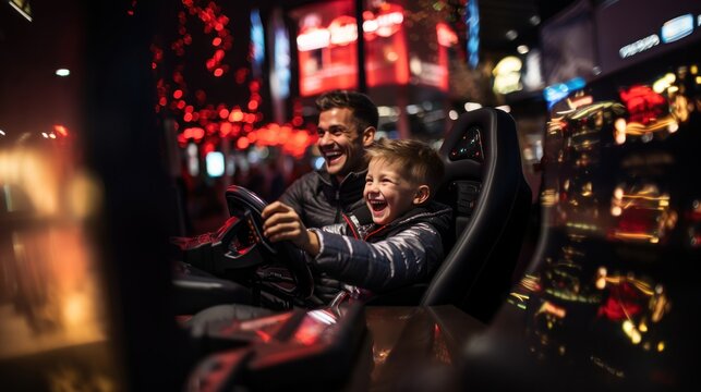 A joyful father and son having fun while playing a racing arcade game
