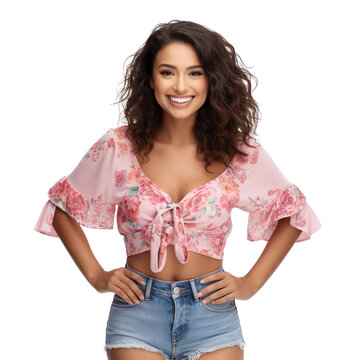 Front view mid shot of a beautiful Latin woman dressed in a pink floral blouse and denim cutoffs, isolated on a white transparent background