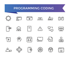 Programming coding icon collection. Software development icon collection. Programmer and developer symbol vector illustration set.