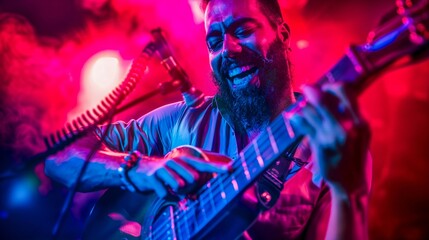 Obraz premium a person immersed in the art of music, playing an electric guitar with fervor.