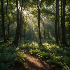 Obraz premium A tranquil forest glade, dappled with sunlight filtering through the canopy.