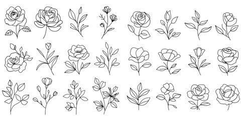 Vector set of one line art flowers. Continuous mono lines roses, leaves, branches. Blossom logos. 