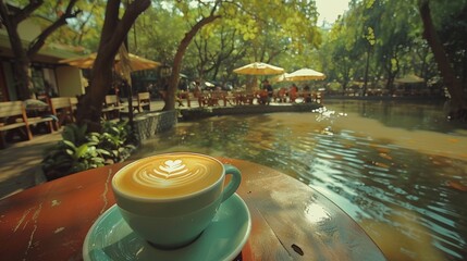 Coffee on table overlooking serene garden at quaint cafe 4k time-lapse