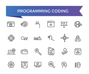 Programming coding icon collection. Software development icon collection. Programmer and developer symbol vector illustration set.