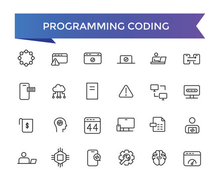 Programming coding icon collection. Software development icon collection. Programmer and developer symbol vector illustration set.