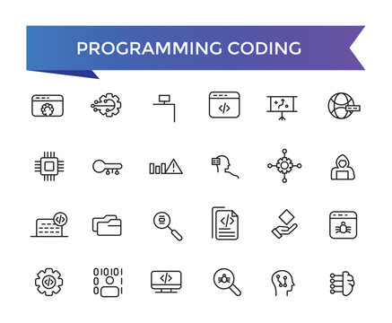 Programming coding icon collection. Software development icon collection. Programmer and developer symbol vector illustration set.