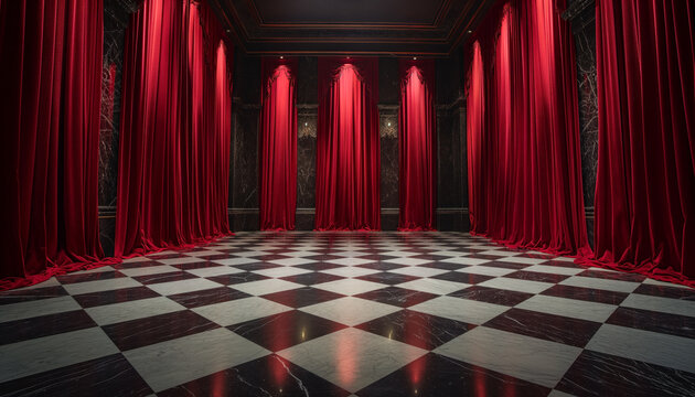 Elegant room with red curtains and checkered floor. The image showcases a luxurious interior with dramatic red curtains, dark marble walls, and a black and white checkered floor