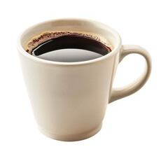 A close-up of a white mug filled with steaming black coffee