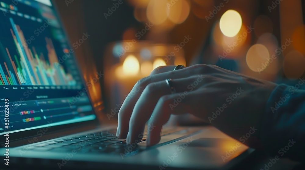 Aufkleber business finance data analytics graph chart report man using laptop computer hand typing investment 