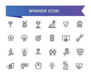 Winner icon collection. Related to victory, success, prize, celebration, podium, win money, finish line and trophy icons. Line icon set.