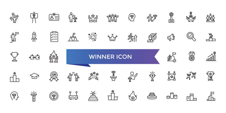Winner icon collection. Related to victory, success, prize, celebration, podium, win money, finish line and trophy icons. Line icon set.