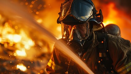 Firefighter using water to extinguish fire in the background