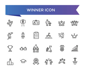 Obraz premium Winner icon collection. Related to victory, success, prize, celebration, podium, win money, finish line and trophy icons. Line icon set.