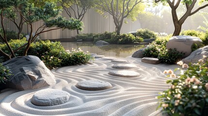 A digital illustration of a zen garden with carefully arranged rocks, raked sand, and a small, tranquil pond. The minimalist style highlights the peacefulness and simplicity of the garden, offering a