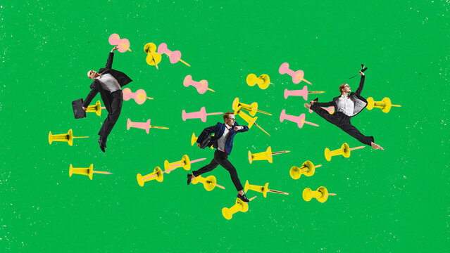 Contemporary art collage. businesspeople in formal attire leaping and floating between colorful pushpins against bright green background. Concept of business, job, ideas, startup, study and progress. - Powered by Adobe