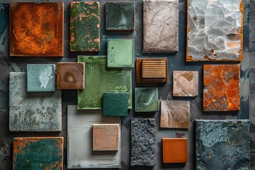 Variety of square tile samples in different colors and textures.