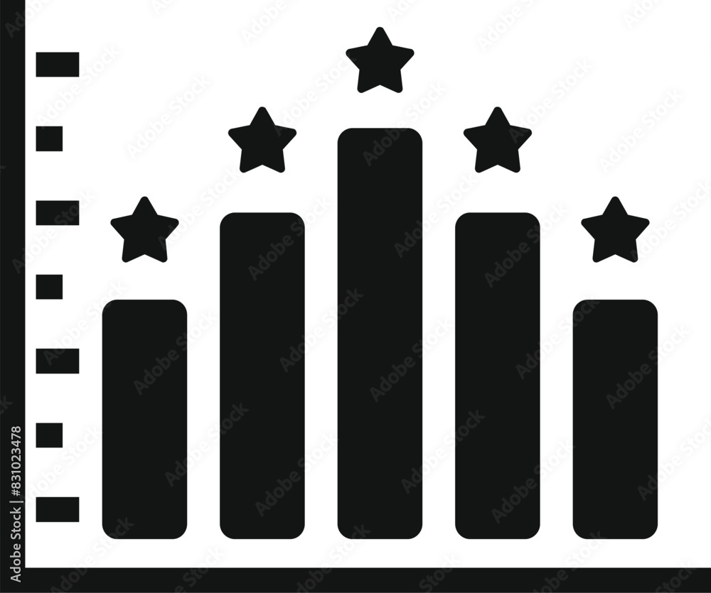 Poster black and white icon of a bar chart with ascending bars topped by stars, representing a rating syste
