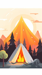 Vector camping tent in the forest.Summer camp with bonfire, tent, backpack . cartoon landscape with mountain, forest and campsite.