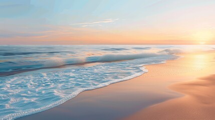 An illustration of a tranquil beach at sunset, with a gentle wave washing up on the shore and a clear sky. The minimalist design emphasizes the simplicity and peacefulness of the scene, making it