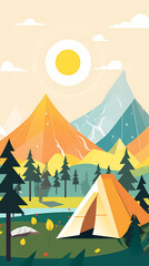 Vector camping tent in the forest.Summer camp with bonfire, tent, backpack . cartoon landscape with mountain, forest and campsite.