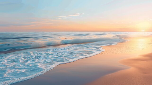 An illustration of a tranquil beach at sunset, with a gentle wave washing up on the shore and a clear sky. The minimalist design emphasizes the simplicity and peacefulness of the scene, making it