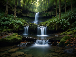 A tranquil waterfall hidden deep in the forest.