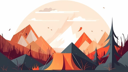 Fototapeta premium Vector camping tent in the forest.Summer camp with bonfire, tent, backpack . cartoon landscape with mountain, forest and campsite.