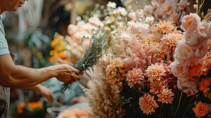 A florist creating a wedding arrangement, selective focus, bridal theme, dynamic, overlay, wedding venue backdrop