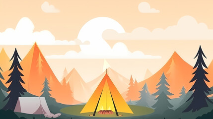 Vector camping tent in the forest.Summer camp with bonfire, tent, backpack . cartoon landscape with mountain, forest and campsite.