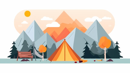 Vector camping tent in the forest.Summer camp with bonfire, tent, backpack . cartoon landscape with mountain, forest and campsite.