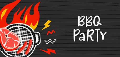 BBQ poster, restaurant grill flyer, vintage barbecue template with grunge outdoor grill. Hot Fire Flame Illustration. Meat On Fire Barbecue. Vector illustration