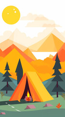 Vector camping tent in the forest.Summer camp with bonfire, tent, backpack . cartoon landscape with mountain, forest and campsite.