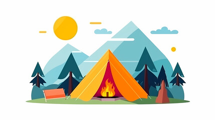 Vector camping tent in the forest.Summer camp with bonfire, tent, backpack . cartoon landscape with mountain, forest and campsite.