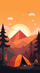 Vector camping tent in the forest.Summer camp with bonfire, tent, backpack . cartoon landscape with mountain, forest and campsite.