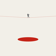 Business risk vector concept, man on tightrope. Symbol of danger, challenge, crisis. Minimal illustration.