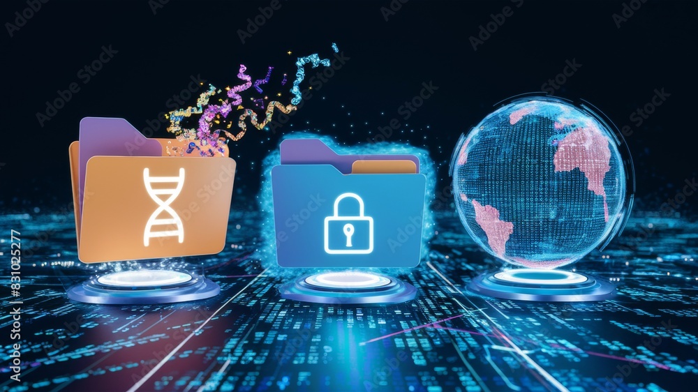 Poster a cutting-edge digital illustration of three primary objects in a futuristic, binary-coded environme