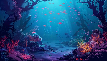 The ocean and underwater world with different inhabitants. Marine Life Landscape. Sea world